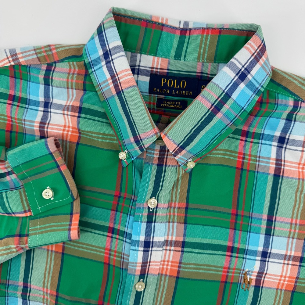 Polo Ralph Lauren Shirt Mens XL Green Plaid Classic Fit Performance Coolmax LS